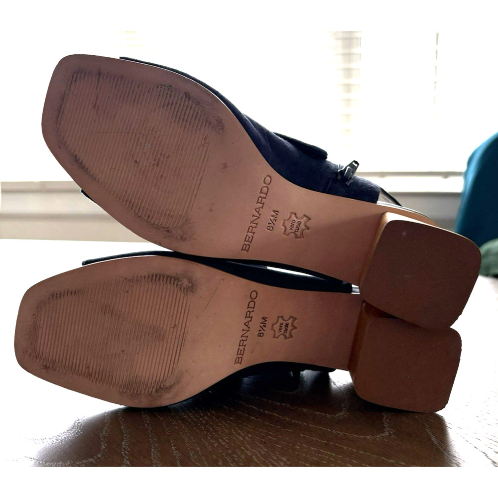 Bernardo Lizzie Navy Suede Booties Open Toe Block Wood Heel Designer Bow | 8.5 - Picture 9 of 9